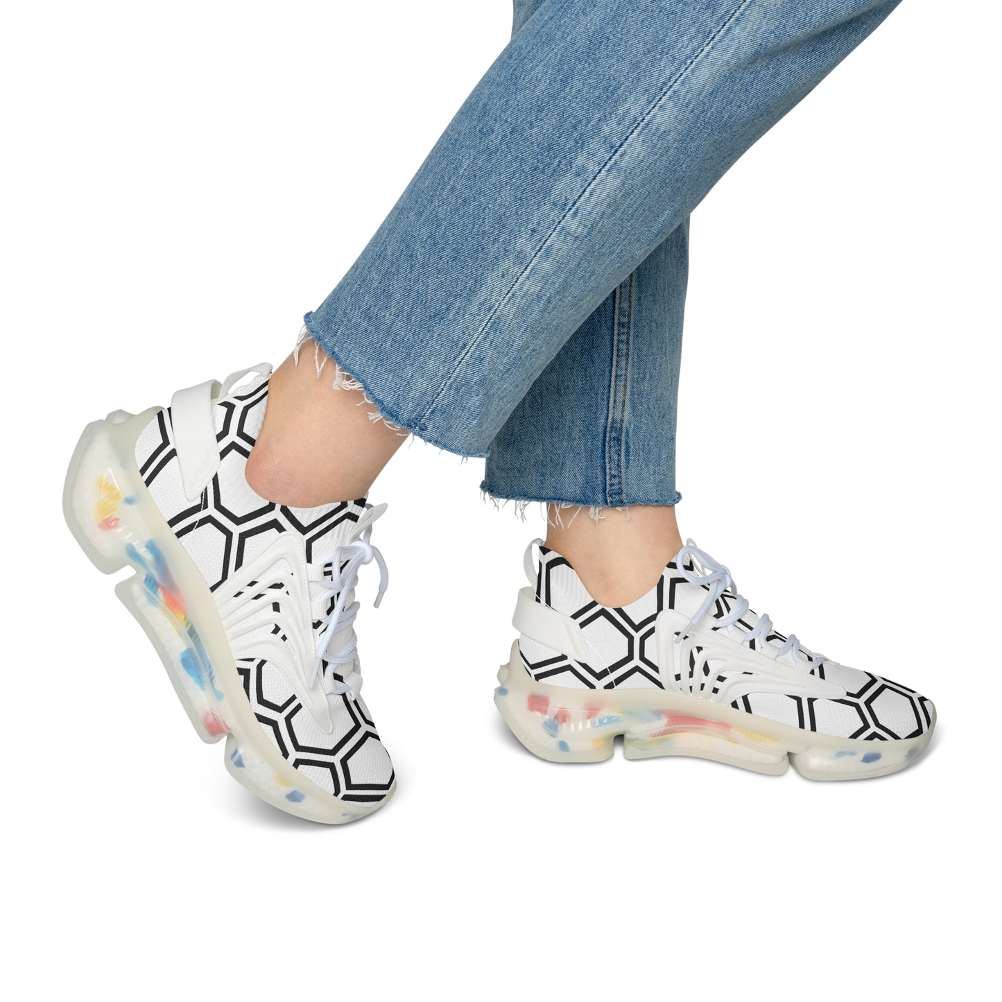 Damen Sneaker Schwarz Weiß Hexa Design Atmungsaktiv Mesh