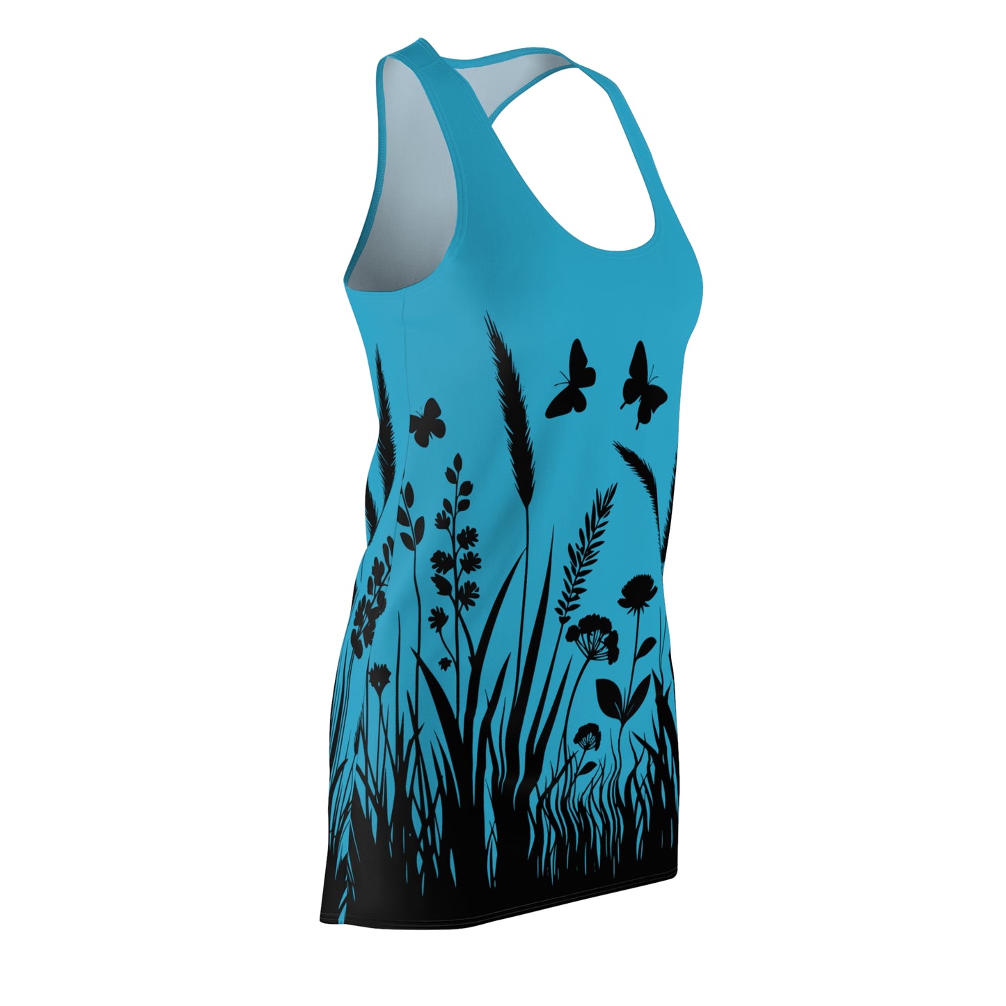 Türkises Naturmuster Racerback Kleid – Schmetterling & Blumen Design