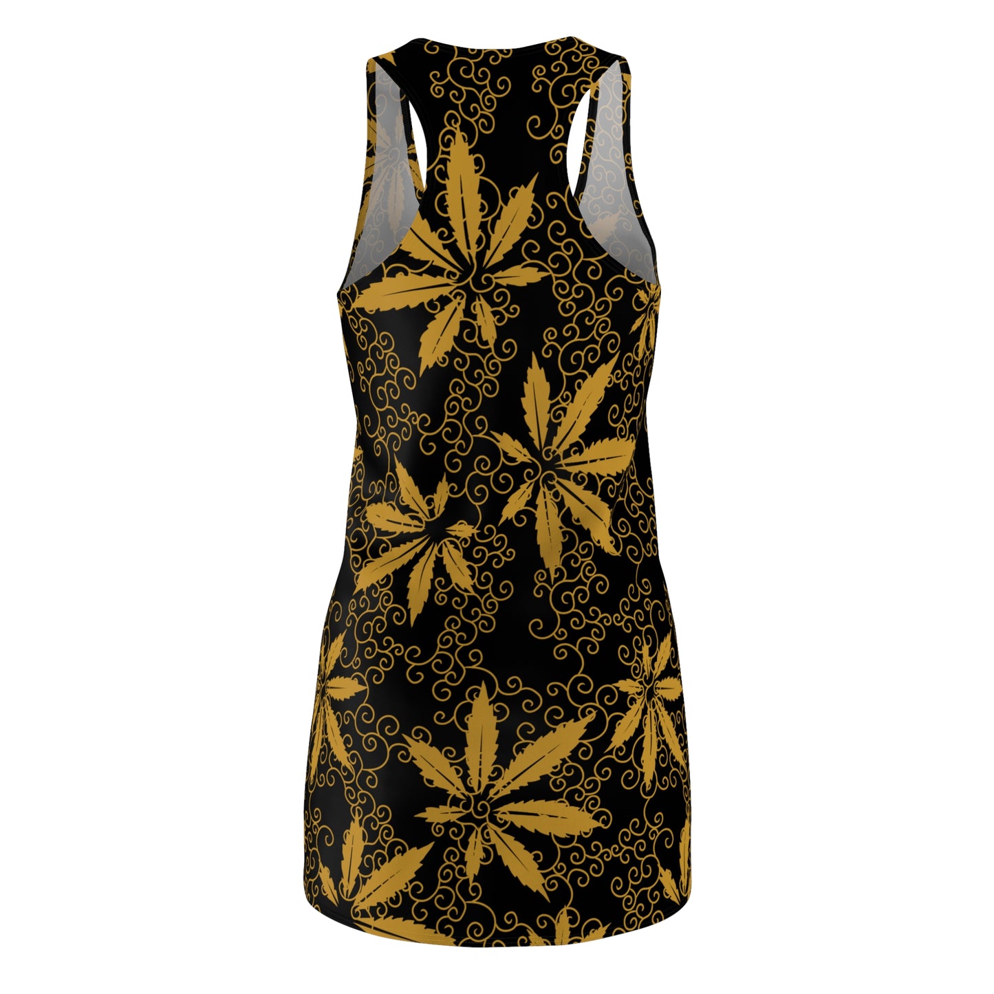 Cannabis Racerback Kleid Damen – Gold Sommerkleid mit Hanfblättern