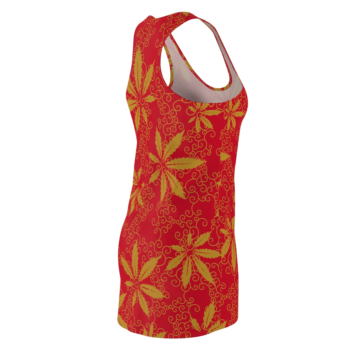 Cannabis Racerback Kleid Damen – Rot Gold Sommerkleid mit Hanfblättern