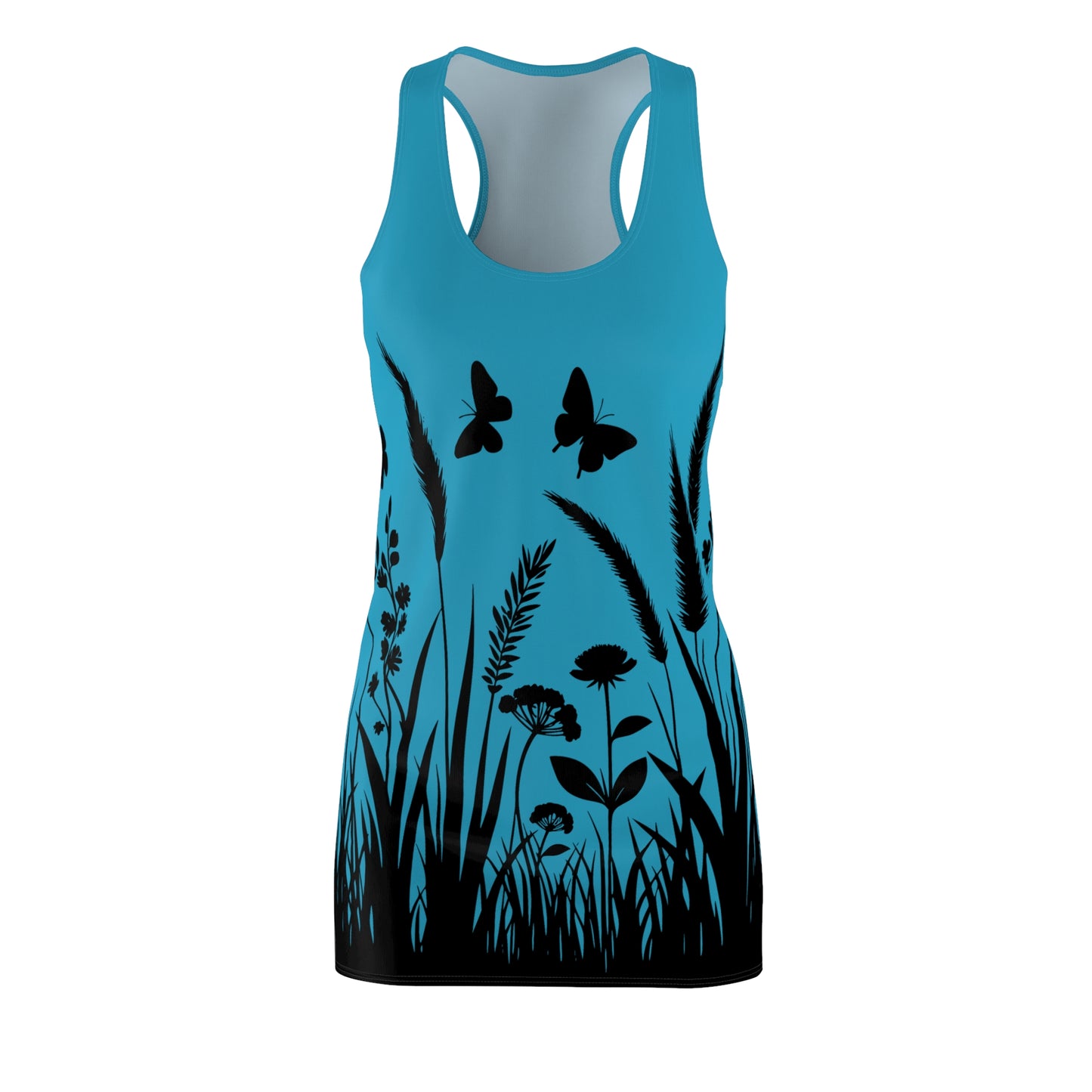 Türkises Naturmuster Racerback Kleid – Schmetterling & Blumen Design