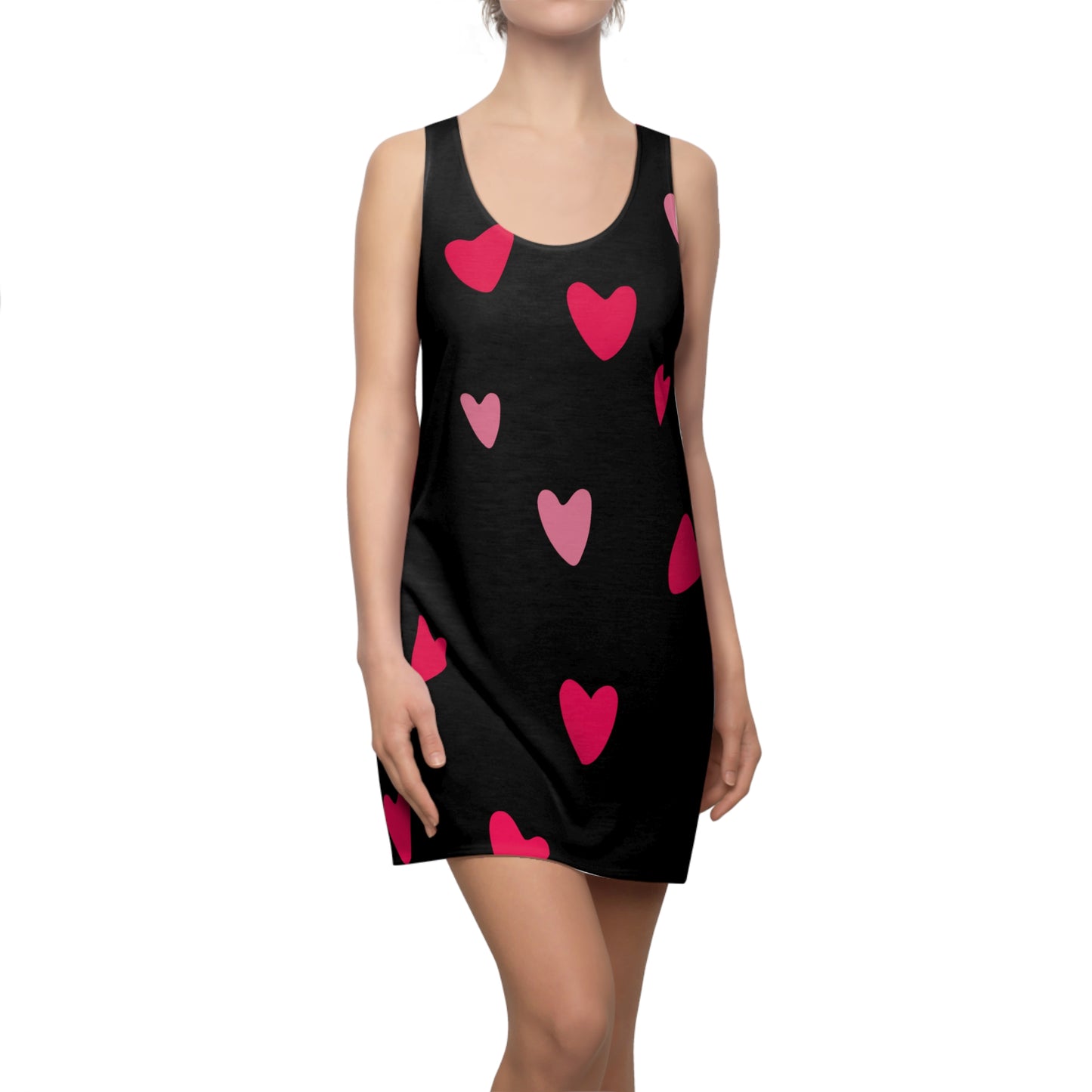 Damen, Racerback Kleid, Schwarz, Pinke Herzen, Sommer, Freizeitkleid