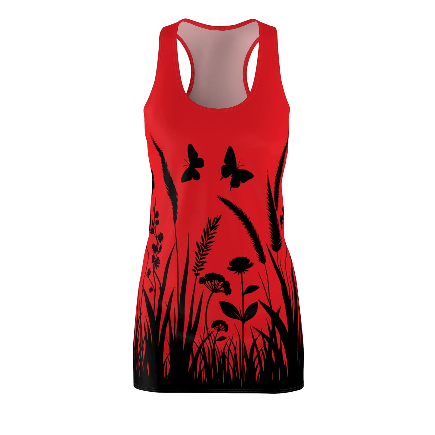 Rotes Naturmuster Racerback Kleid – Schmetterling & Blumen Design
