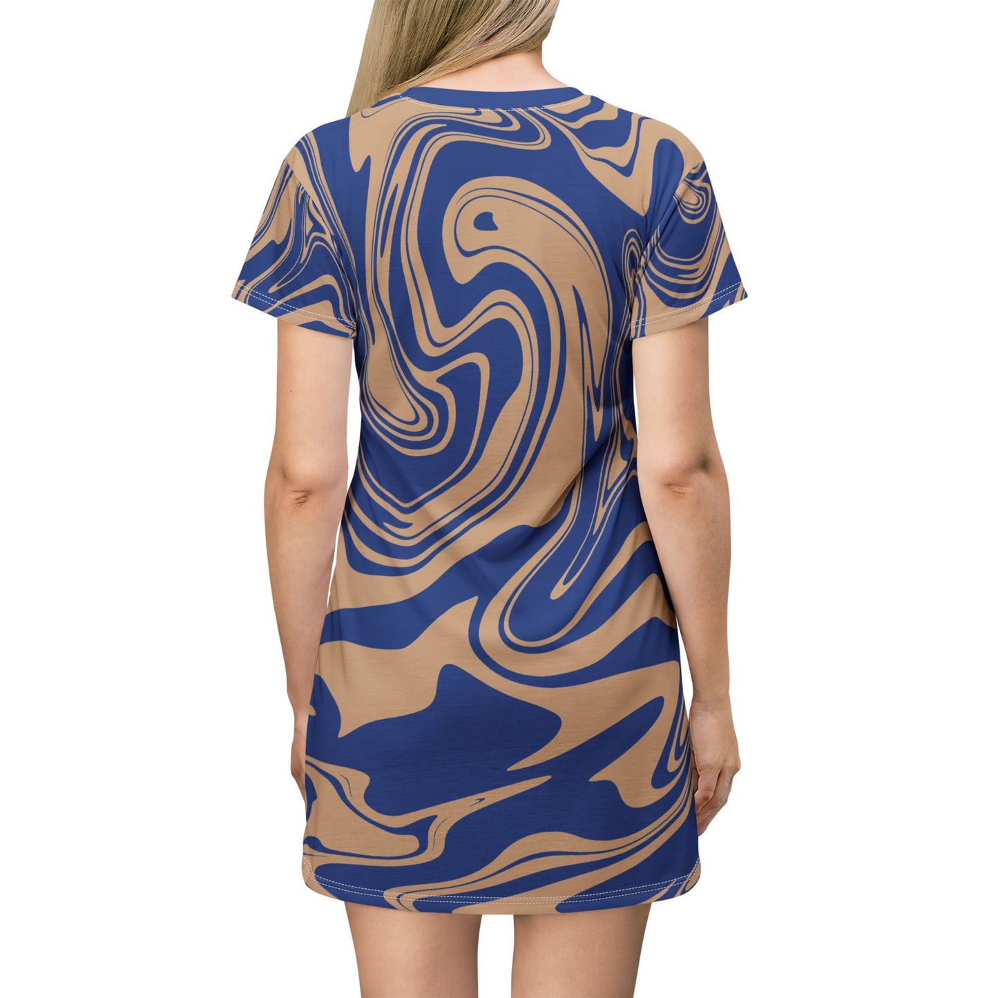 Blaues Damen Kleid Marmor Print T-Shirt Sommer Casual Elegant