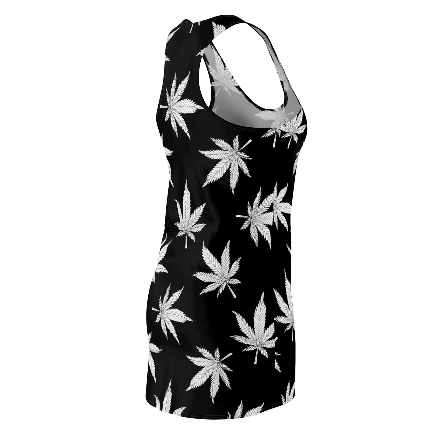Cannabis Racerback Kleid Damen – Schwarzes Sommerkleid mit Hanfblättern
