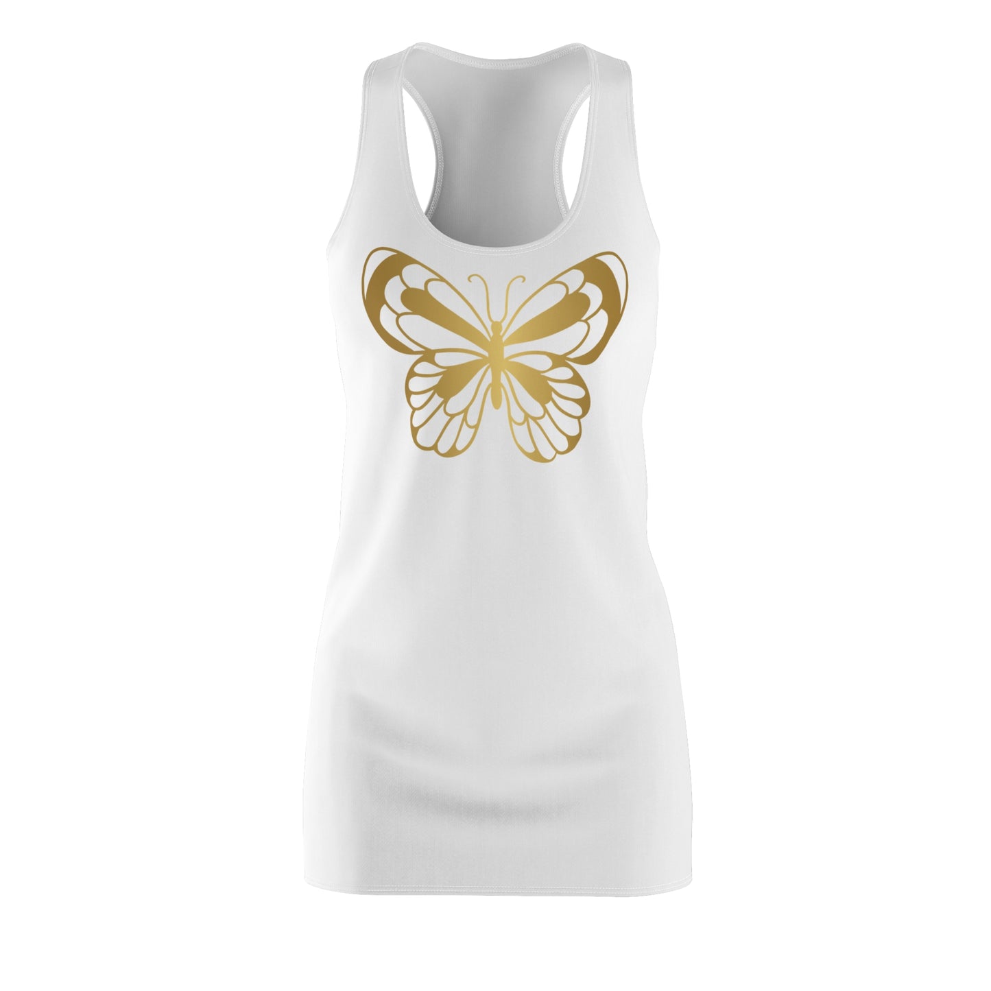 Racerback Kleid mit Schmetterlingsmotiv – Weißes Sommerkleid mit goldenem Butterfly-Print