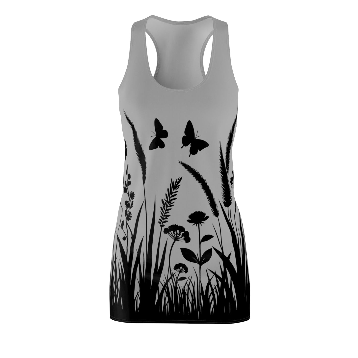 Graues Naturmuster Racerback Kleid – Schmetterling & Blumen Design