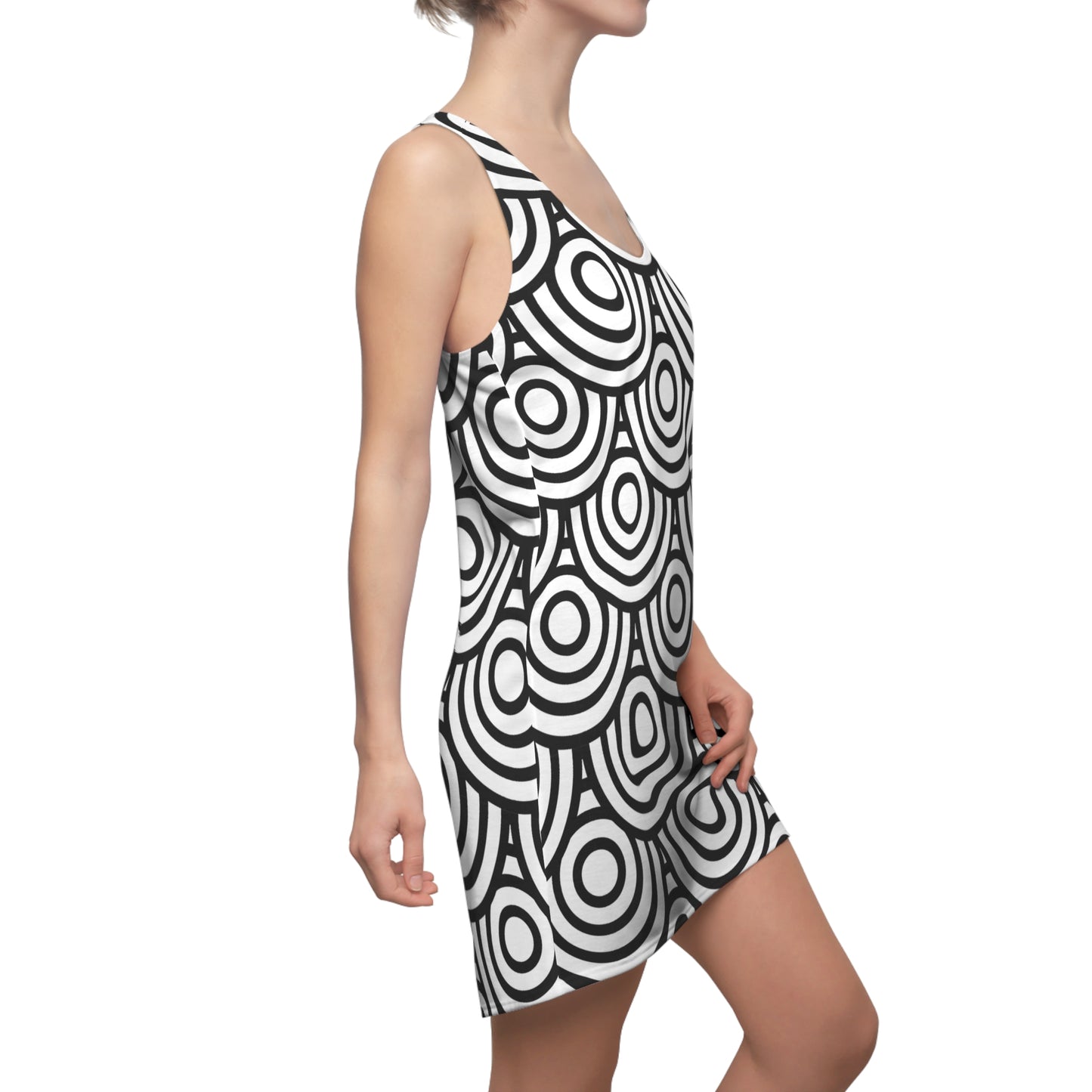 Schwarz-Weiß Kreis Muster Racerback Kleid – Modern & Stilvoll
