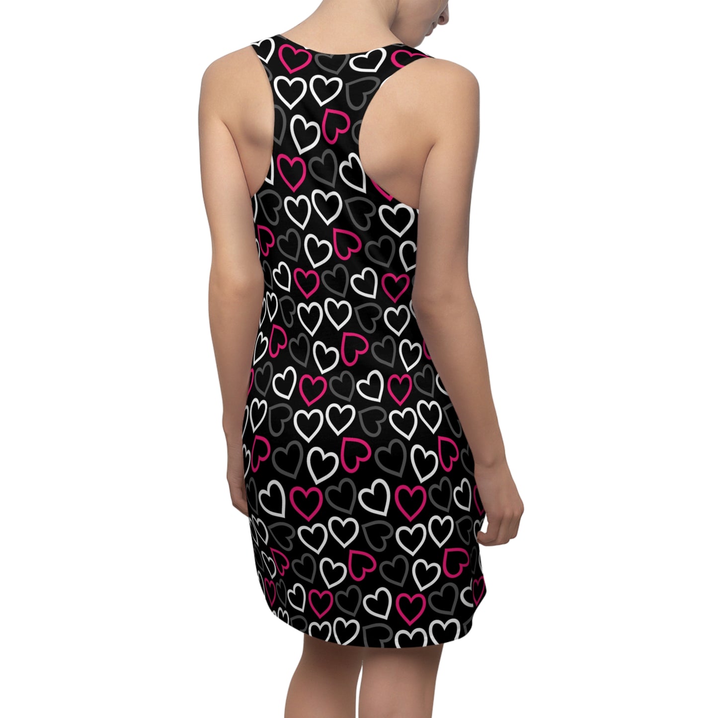 Schwarzes Herzmuster Racerback Kleid – Sommerkleid Damen, Casual Party Outfit, Ärmellos, Trendy Fashion Dress, Geschenkidee für Sie