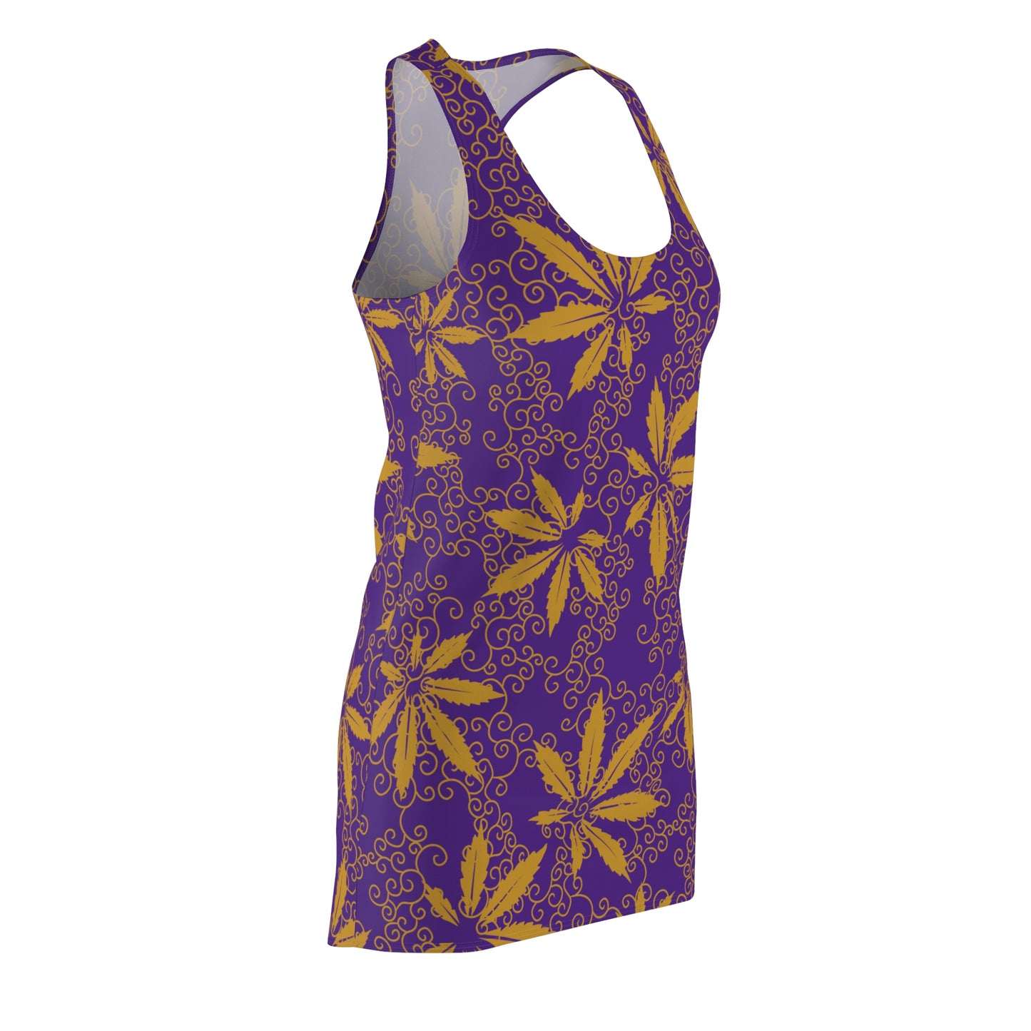 Cannabis Racerback Kleid Damen – lila Gold Sommerkleid mit Hanfblättern