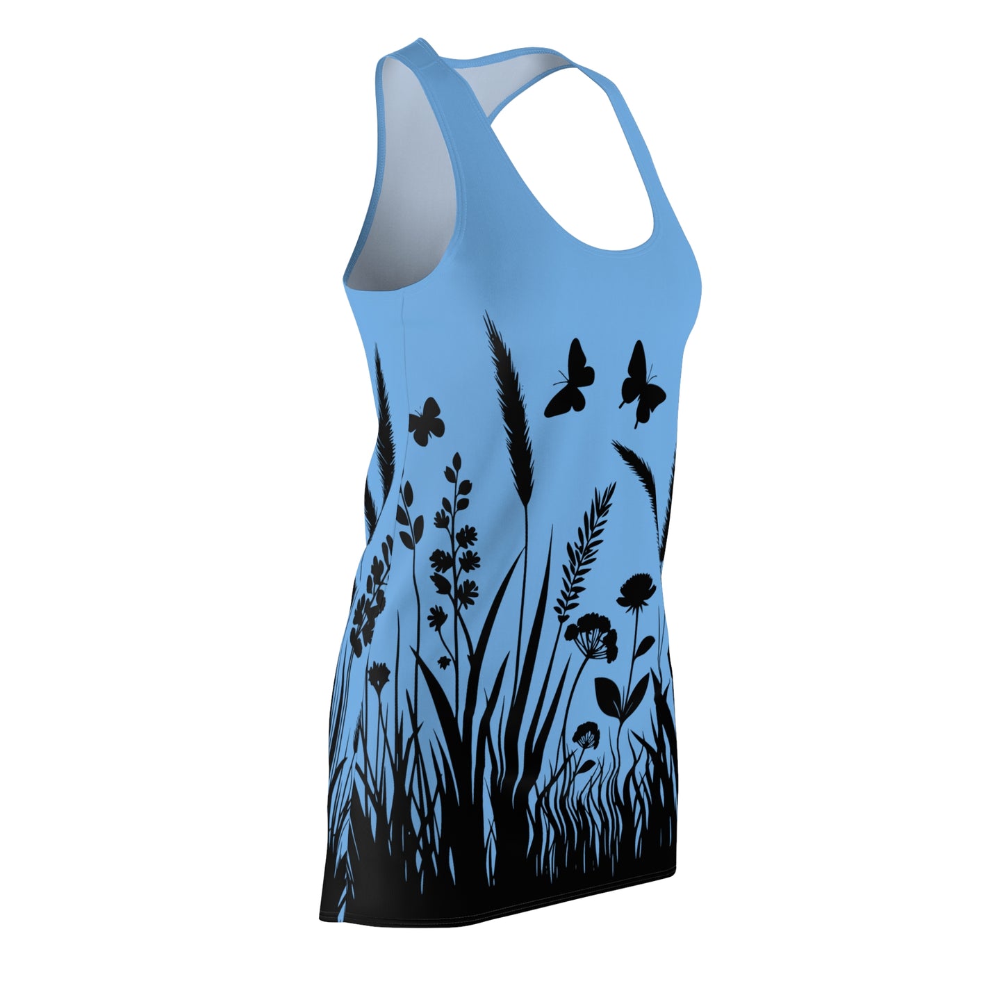 Hellblaues Naturmuster Racerback Kleid – Schmetterling & Blumen Design