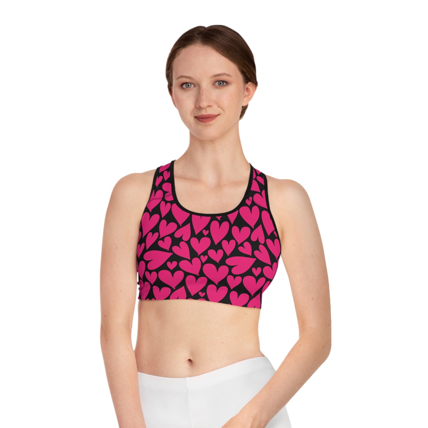 Damen Sport BH Herz Print Pink Schwarz Atmungsaktiv Yoga Fitness Top