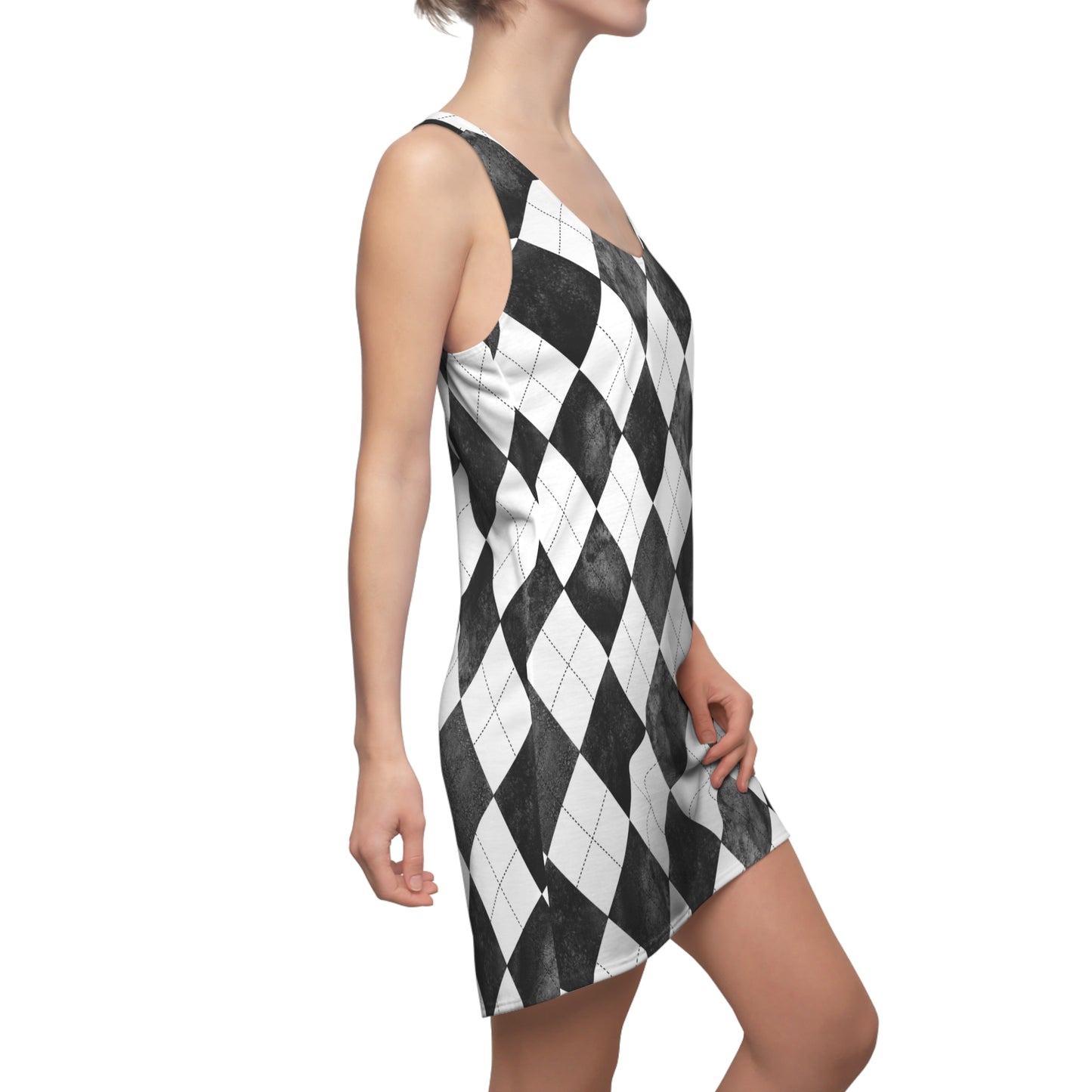 Damen Kleid Argyle Schwarz Weiss Racerback Sommer Elegant