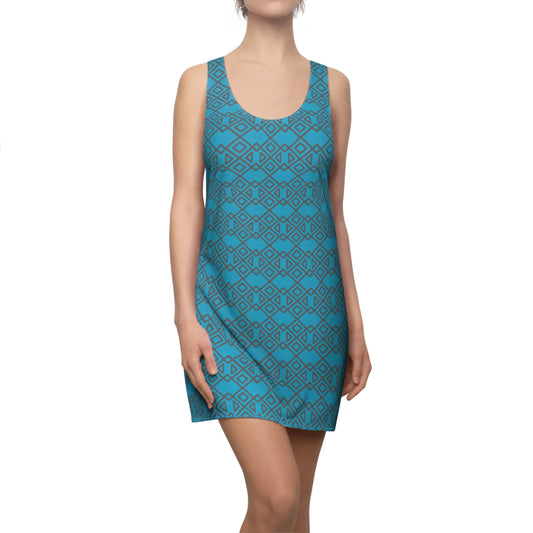 Türkis Grau Geometrie Racerback Kleid – Modernes Sommerkleid