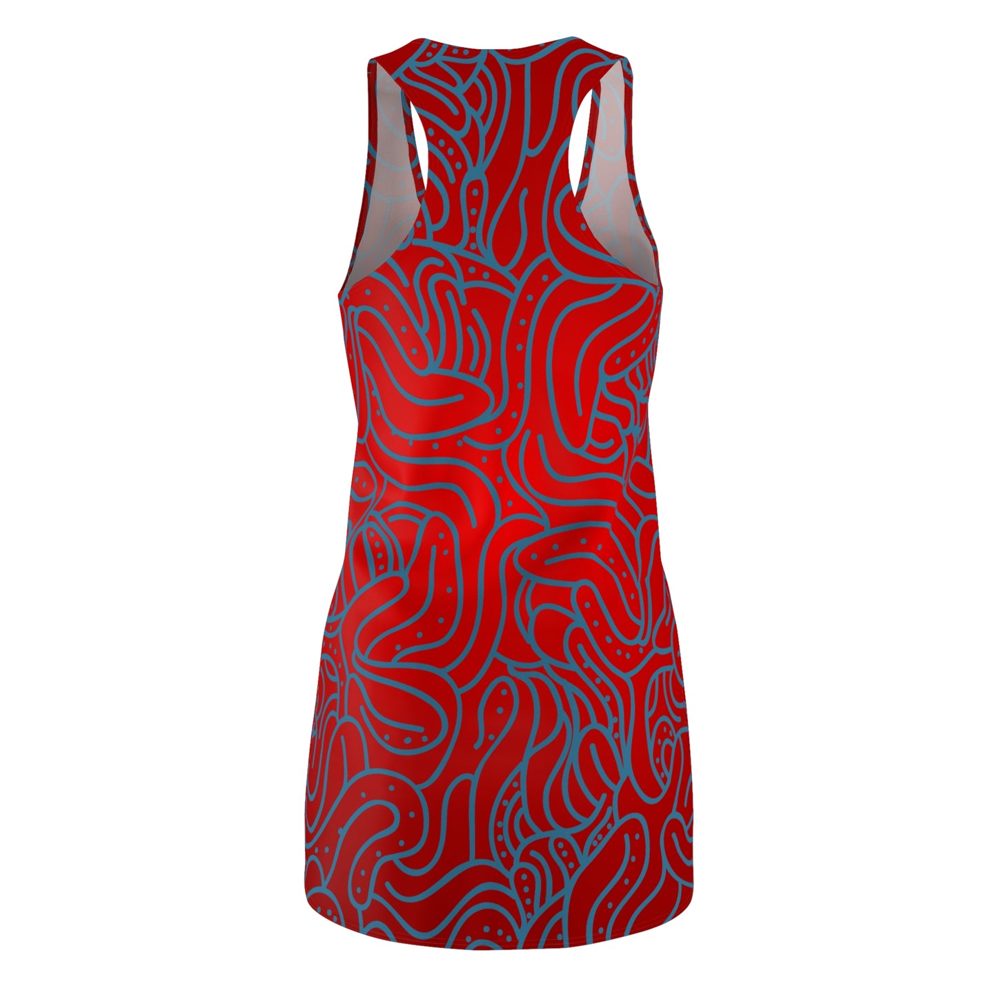Vibrant Abstract Racerback Dress, Red Summer Dress, Unique Pattern Casual Outfit, Sleeveless Beachwear, Trendy Women’s Fashion