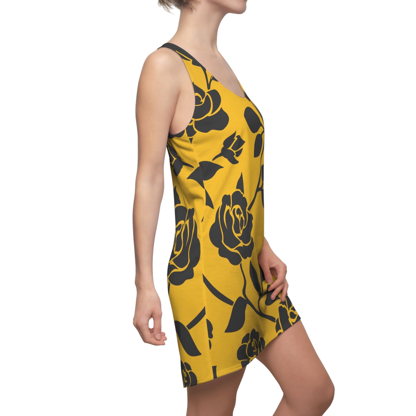 Rosen Racerback Kleid – Elegant Schwarz Gelb Design