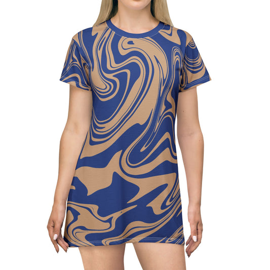 Blaues Damen Kleid Marmor Print T-Shirt Sommer Casual Elegant