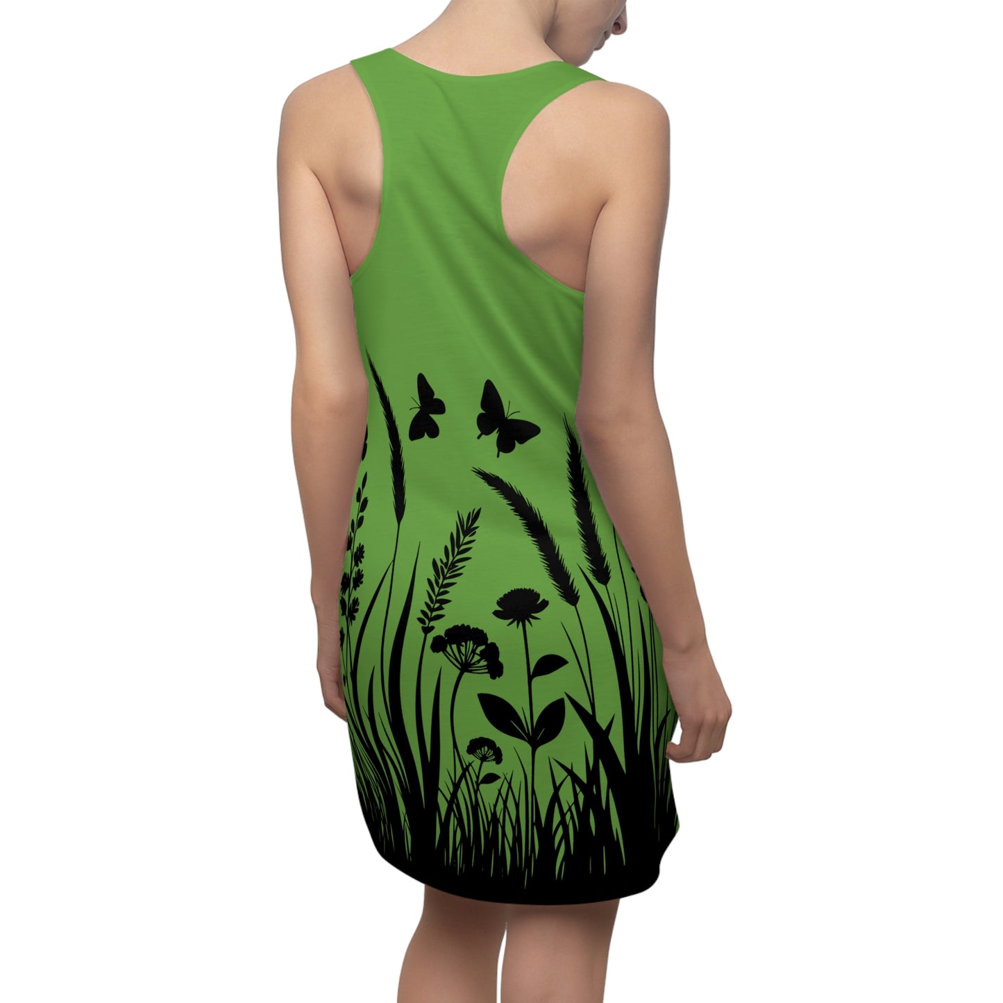 Grünes Naturmuster Racerback Kleid – Schmetterling & Blumen Design