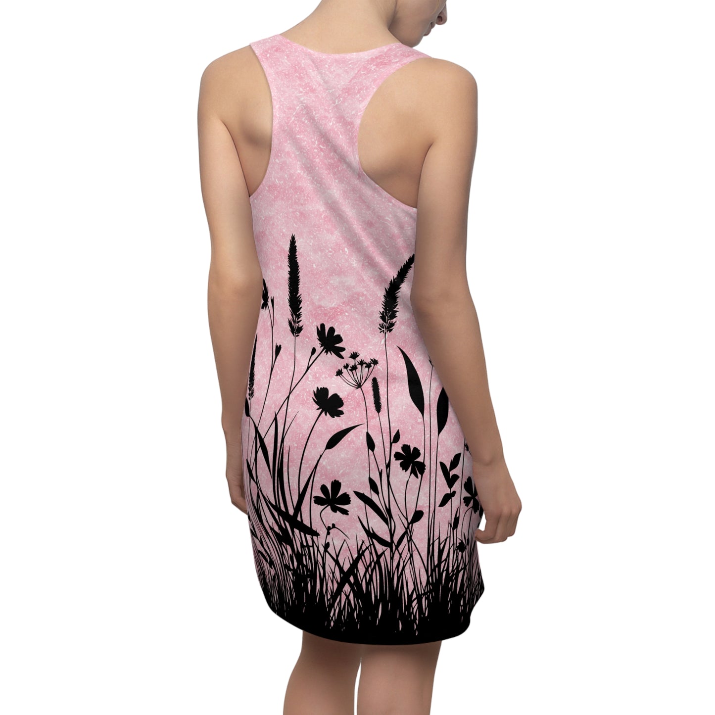 Racerback Kleid Damen – Rosa Sommerkleid mit Blumen und Gräsern