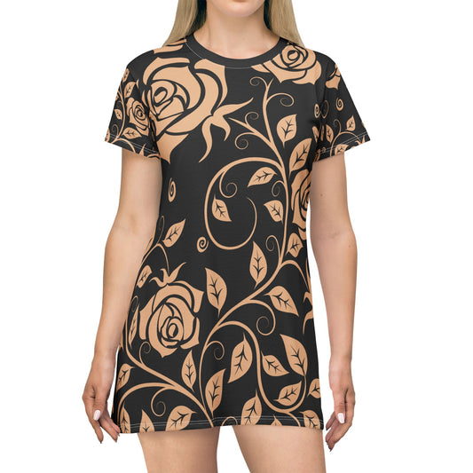 Schwarzer Damen Kleid Blumen T Shirt Style Sommer Boho Casual