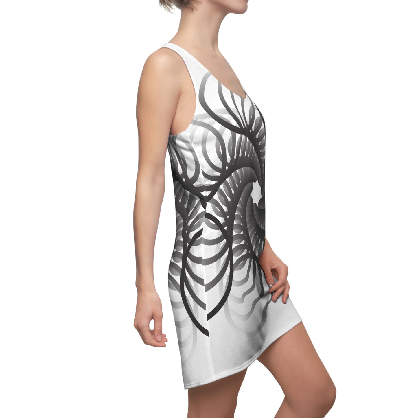 Spiral Design Racerback Kleid – Elegant Schwarz Weiß