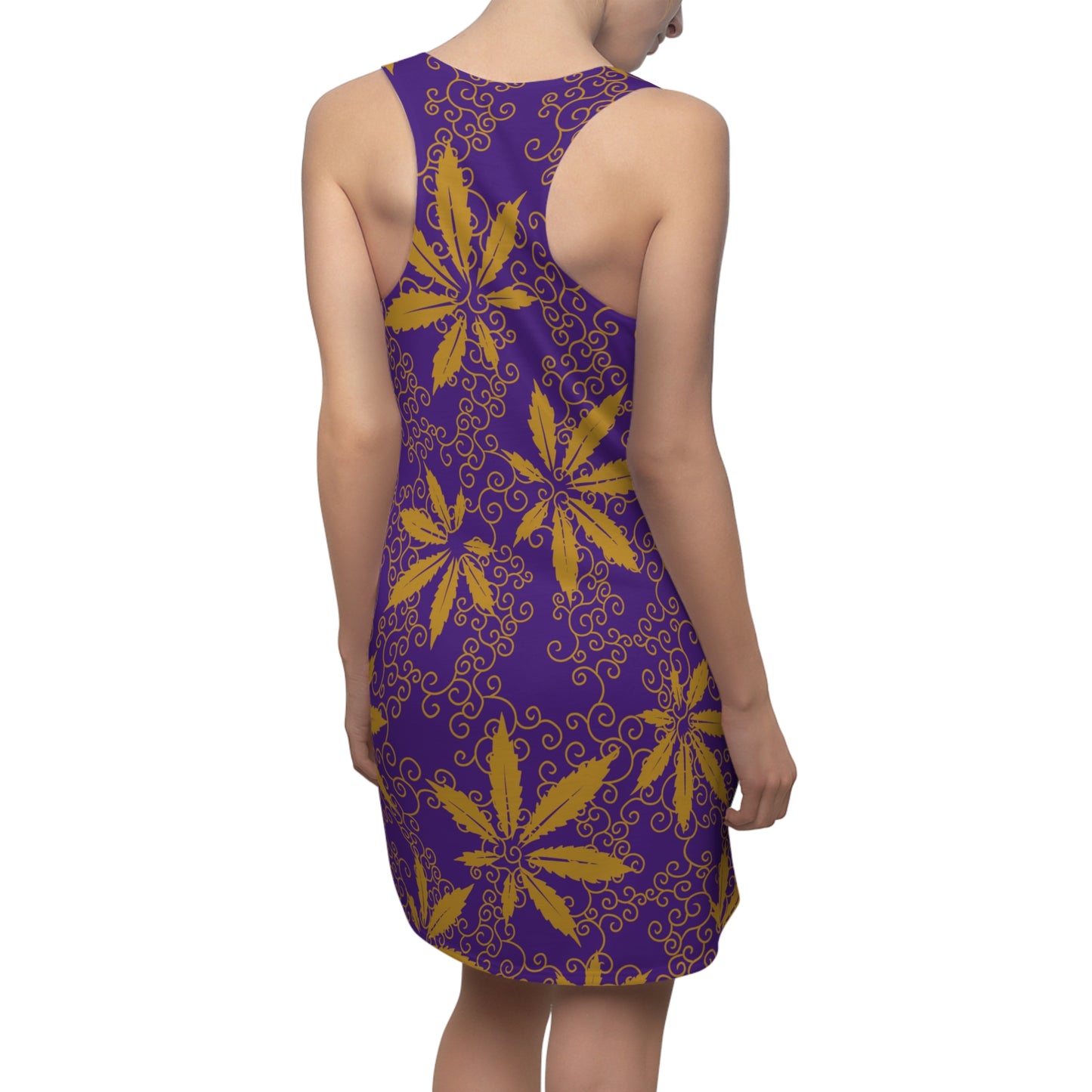Cannabis Racerback Kleid Damen – lila Gold Sommerkleid mit Hanfblättern
