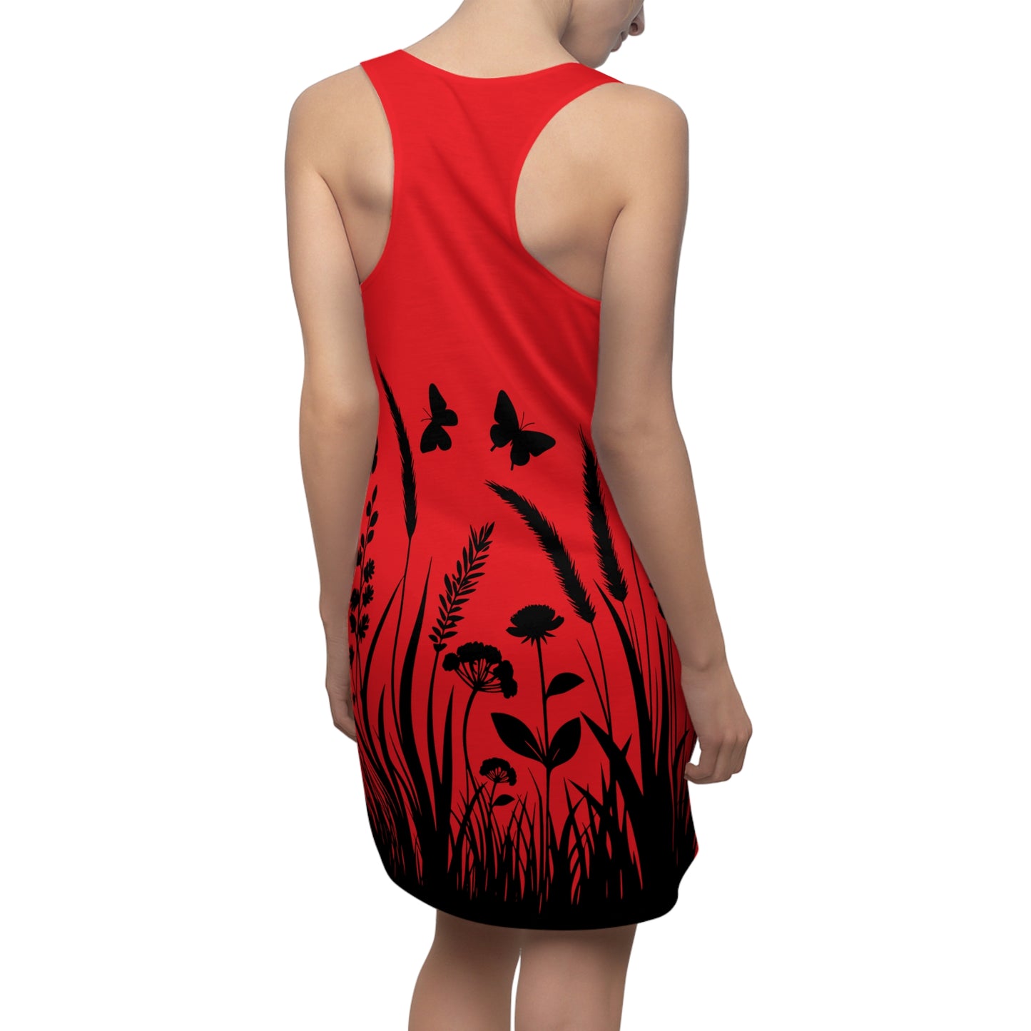 Rotes Naturmuster Racerback Kleid – Schmetterling & Blumen Design