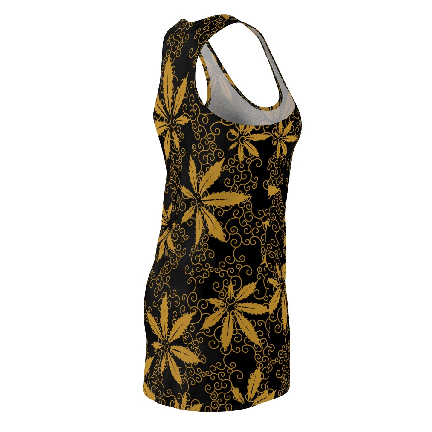 Cannabis Racerback Kleid Damen – Gold Sommerkleid mit Hanfblättern