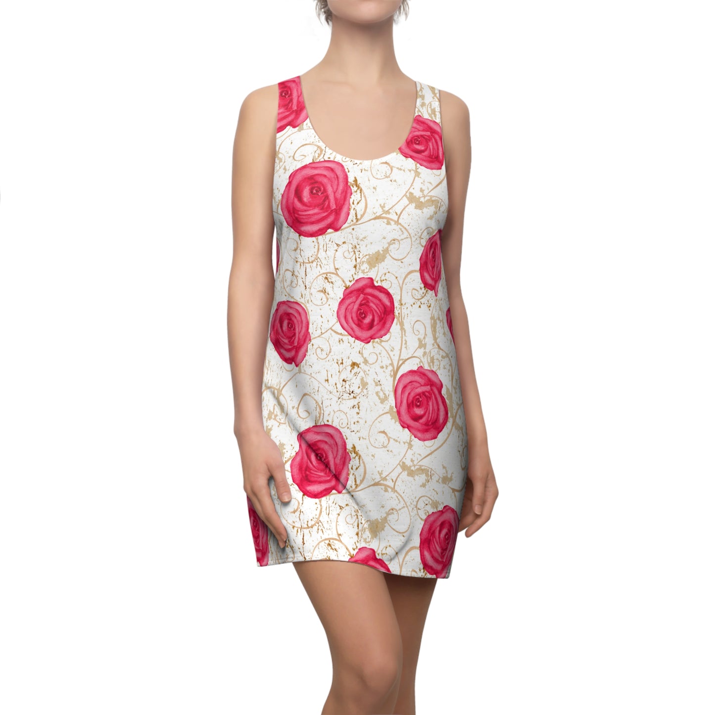 Rosen Racerback Kleid – Weiß Pink Gold Sommerkleid