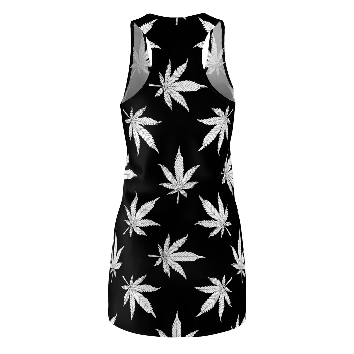 Cannabis Racerback Kleid Damen – Schwarzes Sommerkleid mit Hanfblättern