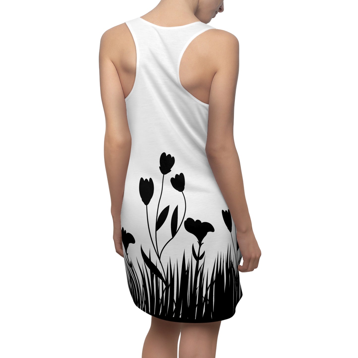 Blumensilhouette Racerback Kleid – Elegant Schwarz Weiß
