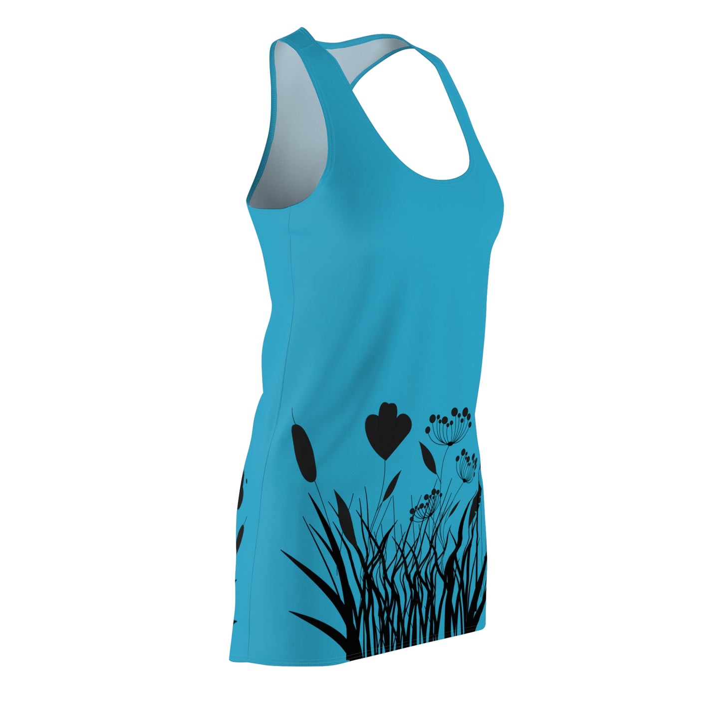 Schwarz Türkis Blumen Racerback Kleid – Elegantes Sommerkleid