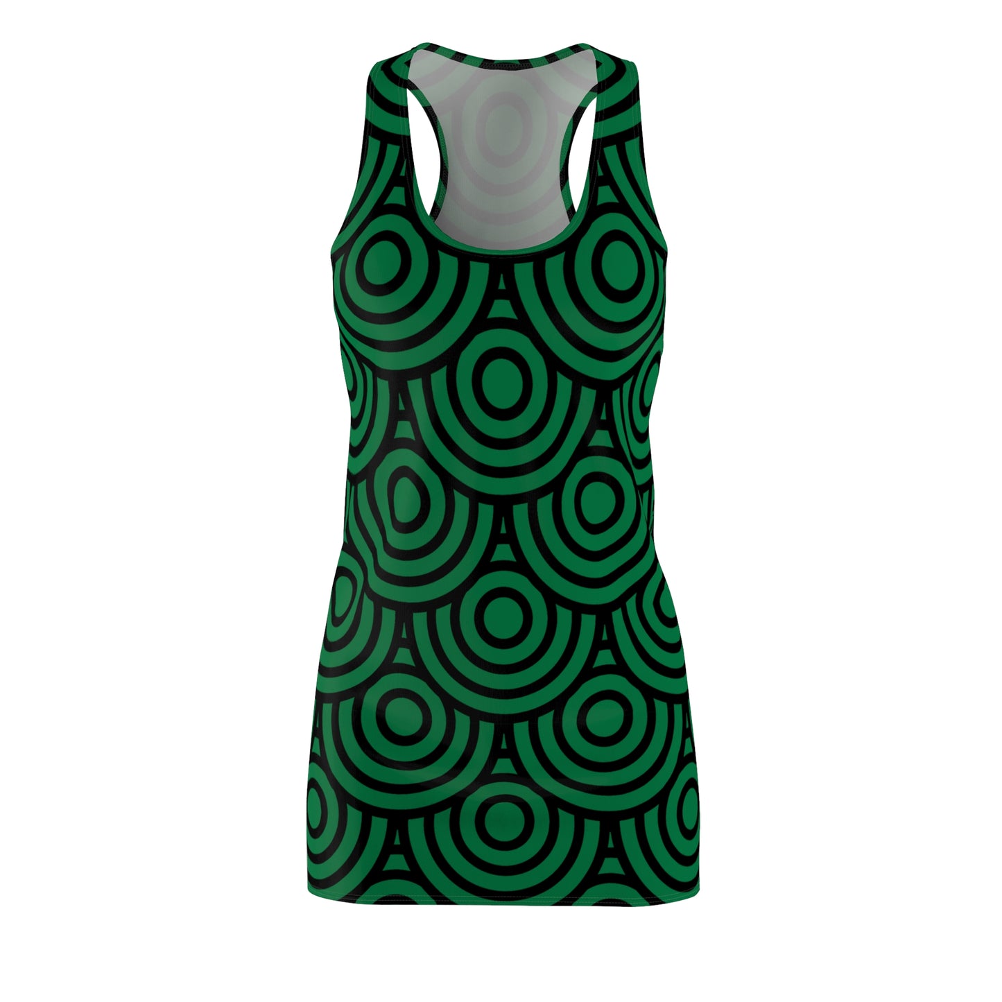 Dunkelgrünes Kreis Muster Racerback Kleid – Modern & Stilvoll