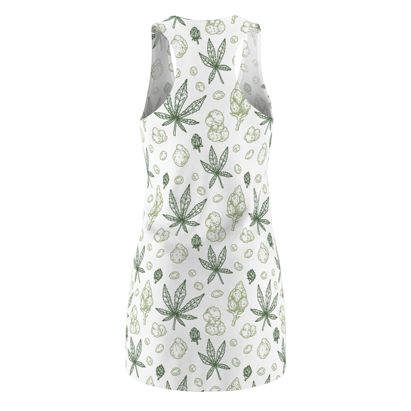 Damen Racerback Kleid Weiß Grün mit Cannabis Blättern – Sommerkleid