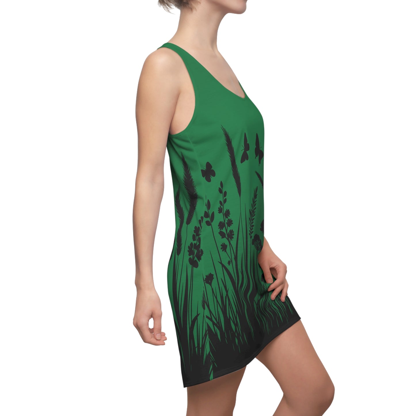 Dunkelgrünes Naturmuster Racerback Kleid – Schmetterling & Blumen Design