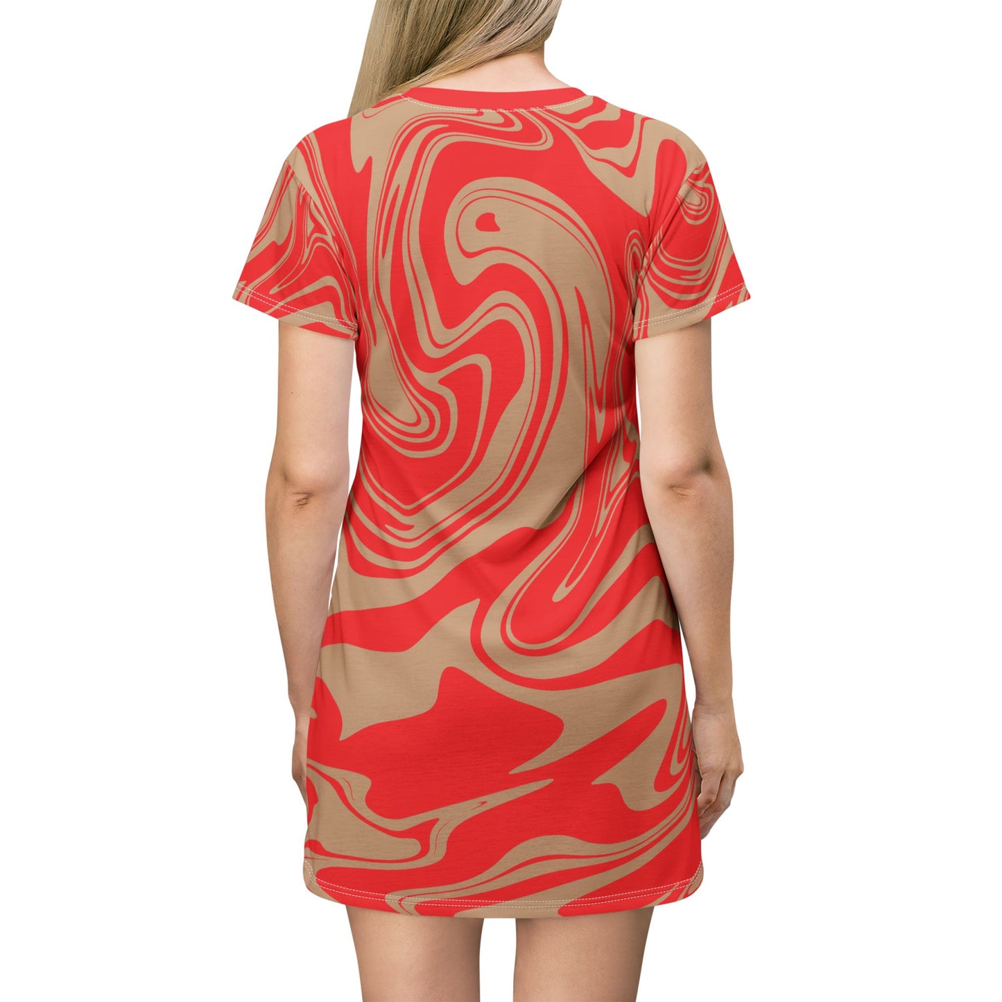 Rotes Damen Kleid Marmor Print T-Shirt Sommer Casual Elegant