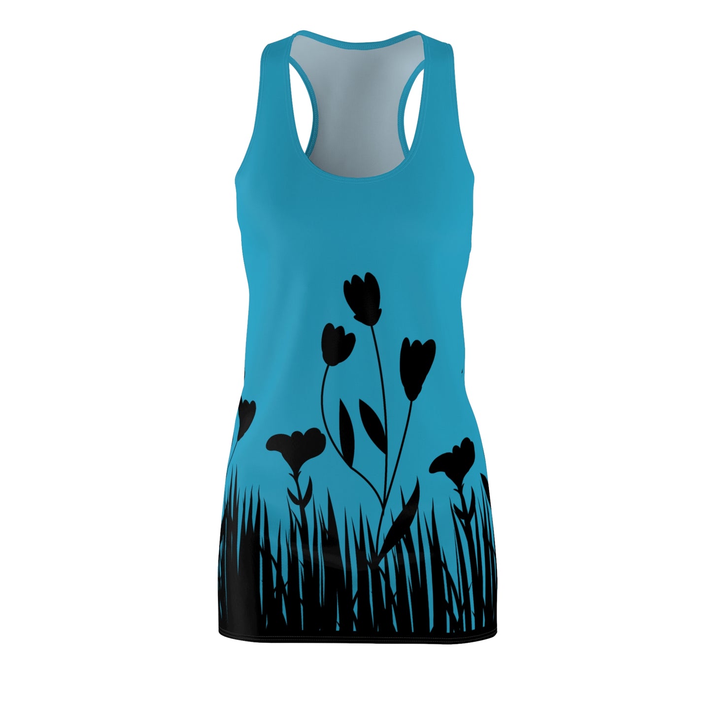 Blumensilhouette Racerback Kleid – Elegant Schwarz Türkis