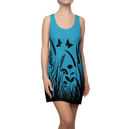 Türkises Naturmuster Racerback Kleid – Schmetterling & Blumen Design