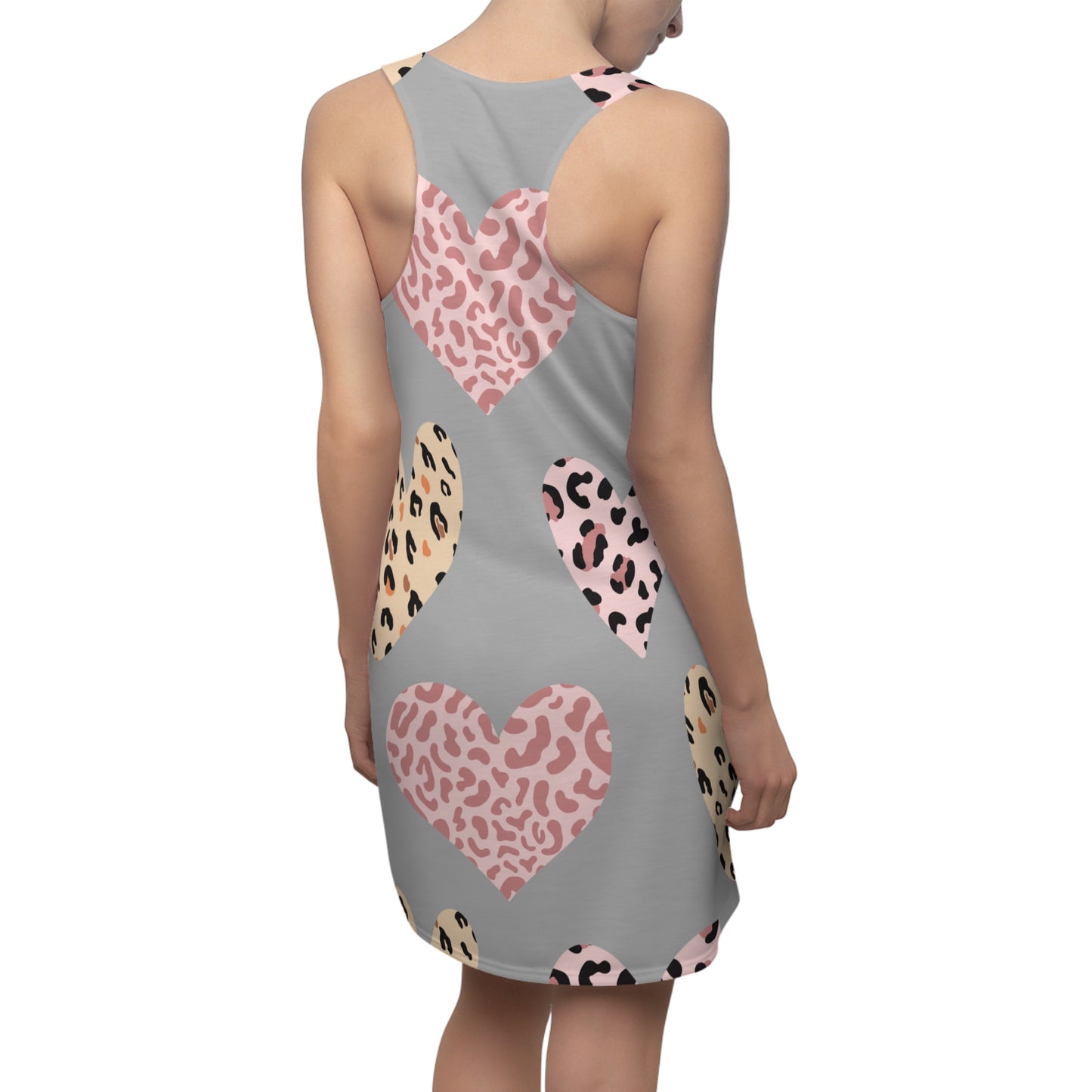 Grau Herz Leopard Racerback Kleid – Weiß Pink Sommerkleid