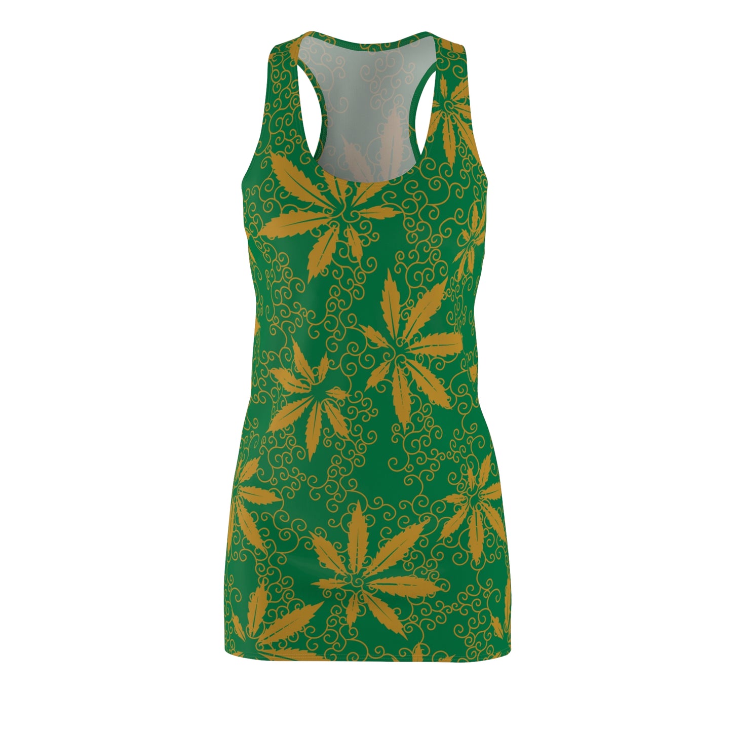 Cannabis Racerback Kleid Damen – grün Gold Sommerkleid mit Hanfblättern