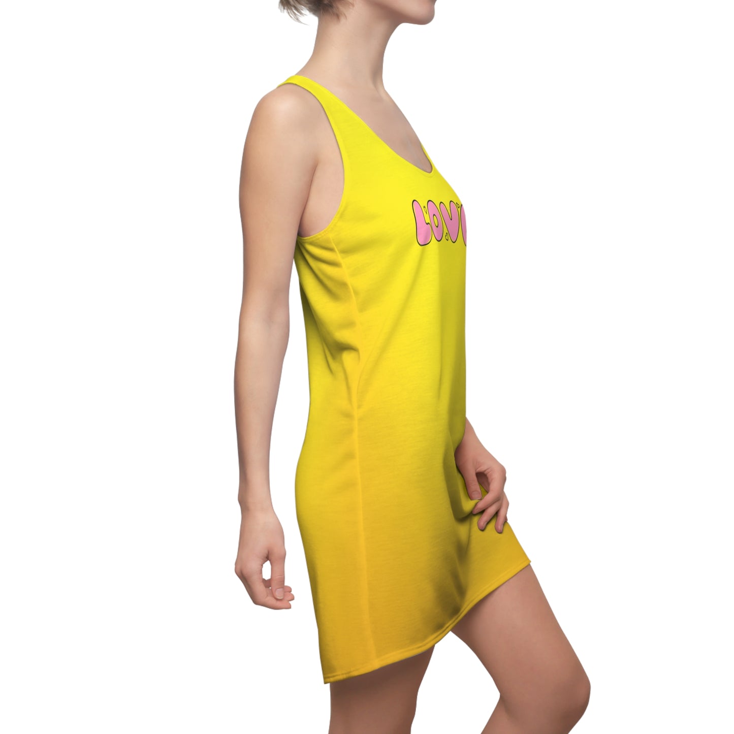Love Print Yellow Racerback Dress – Süßes Sommerkleid, Casual Outfit, Strandmode, Damen Freizeitkleid, Trendiges Party Dress