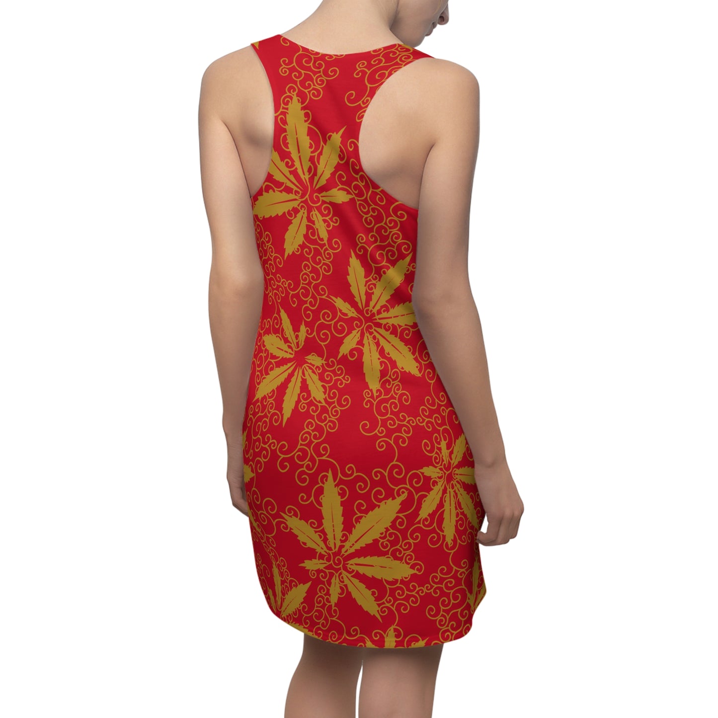 Cannabis Racerback Kleid Damen – Rot Gold Sommerkleid mit Hanfblättern
