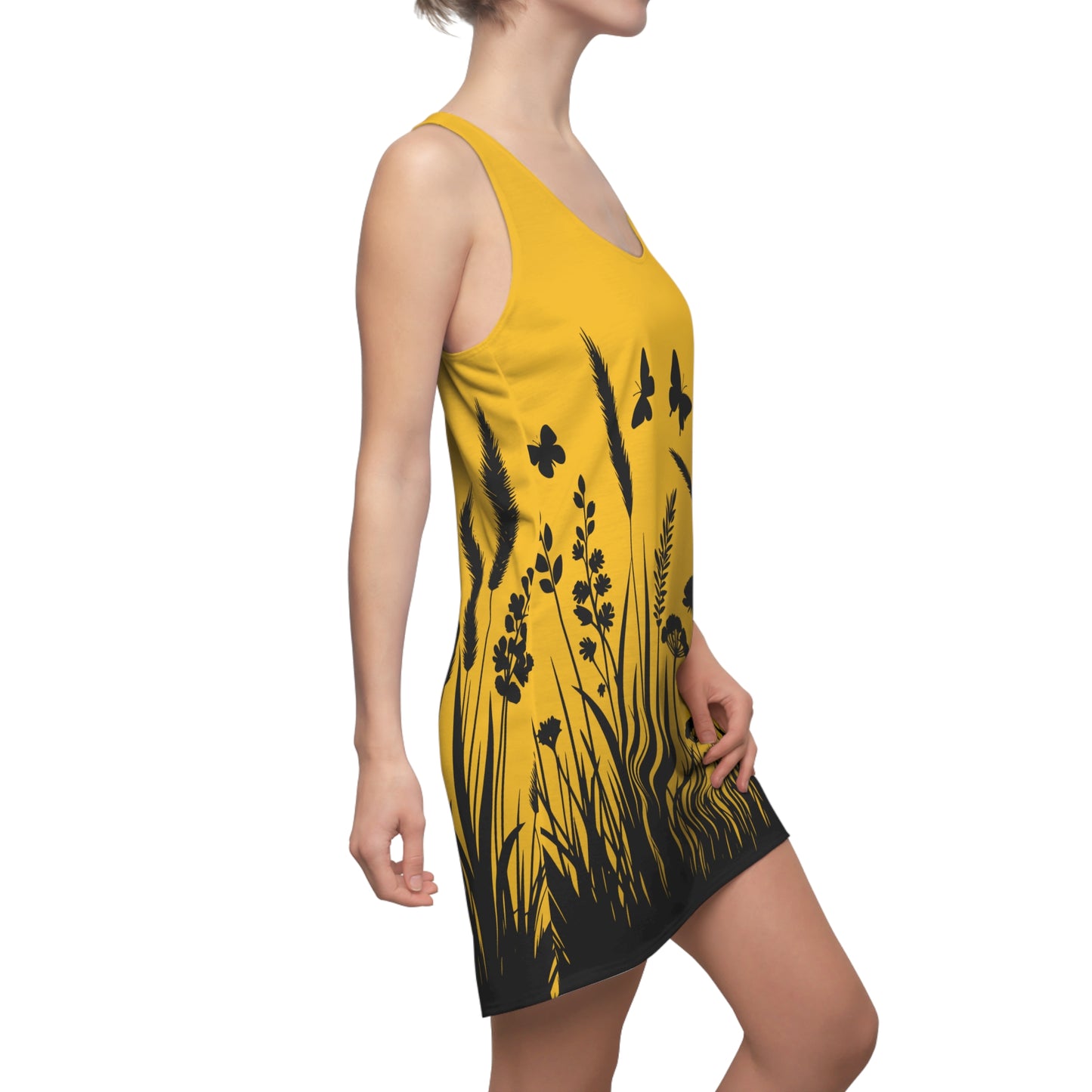 Gelbes Naturmuster Racerback Kleid – Schmetterling & Blumen Design