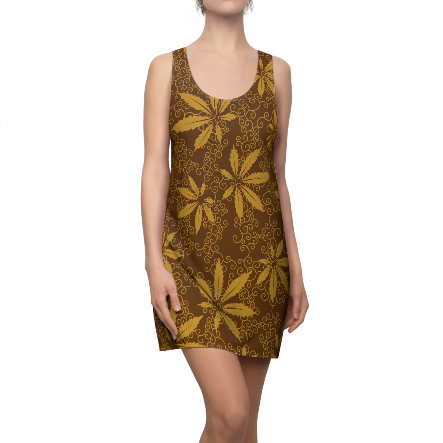 Cannabis Racerback Kleid Damen – Gold Sommerkleid mit Hanfblättern