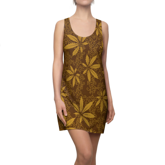 Cannabis Racerback Kleid Damen – Gold Sommerkleid mit Hanfblättern