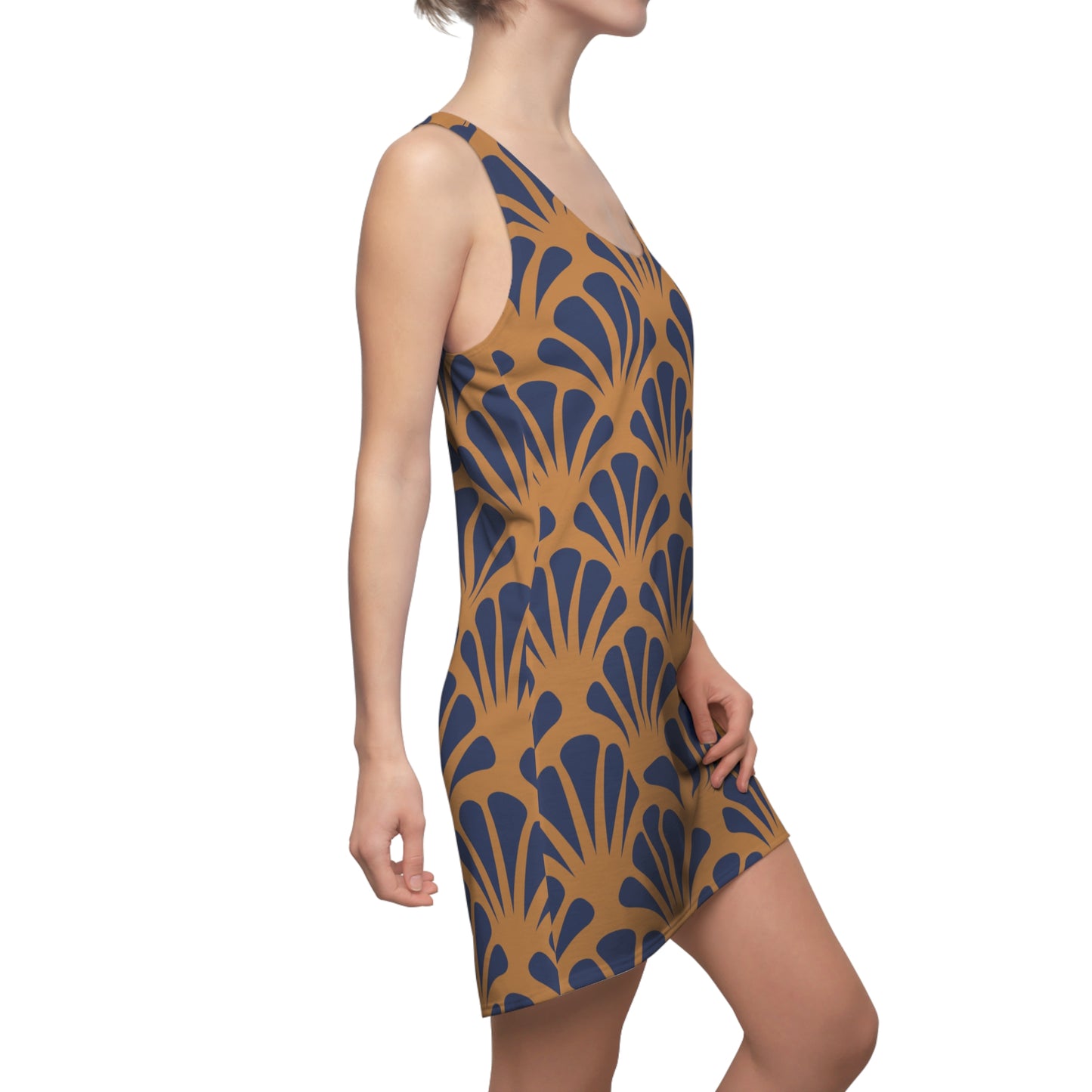 Braunes Damen Kleid Navy Muster Racerback Sommer Strand Casual