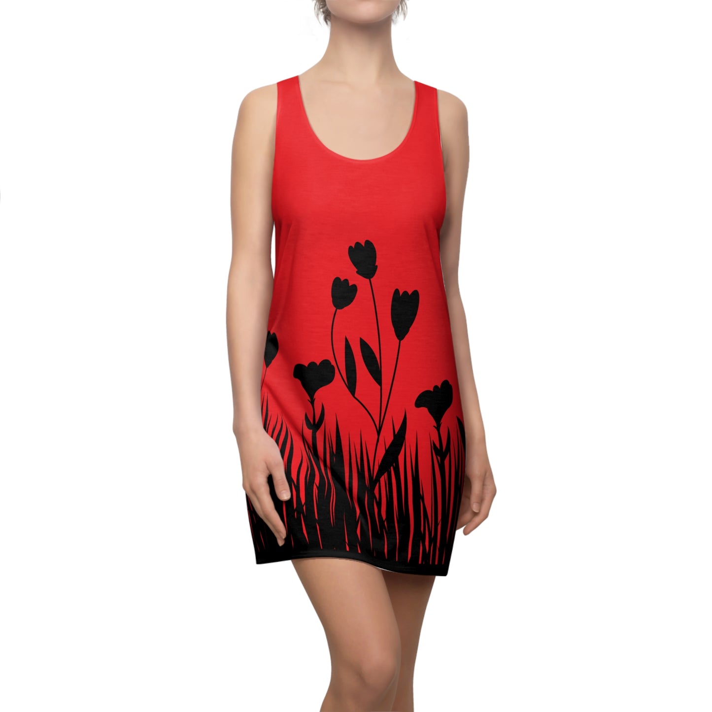 Blumensilhouette Racerback Kleid – Elegant Schwarz Rot