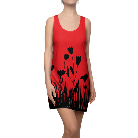 Blumensilhouette Racerback Kleid – Elegant Schwarz Rot