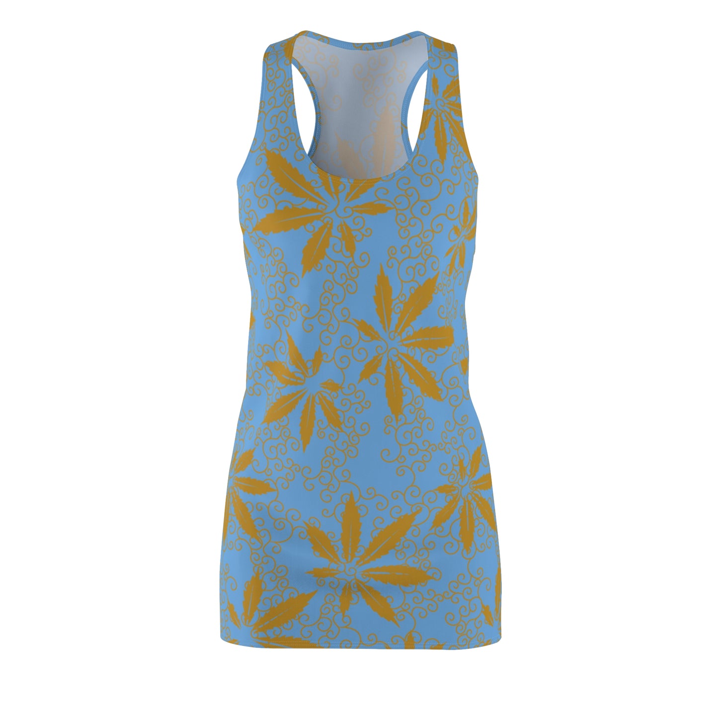 Cannabis Racerback Kleid Damen – blau Gold Sommerkleid mit Hanfblättern