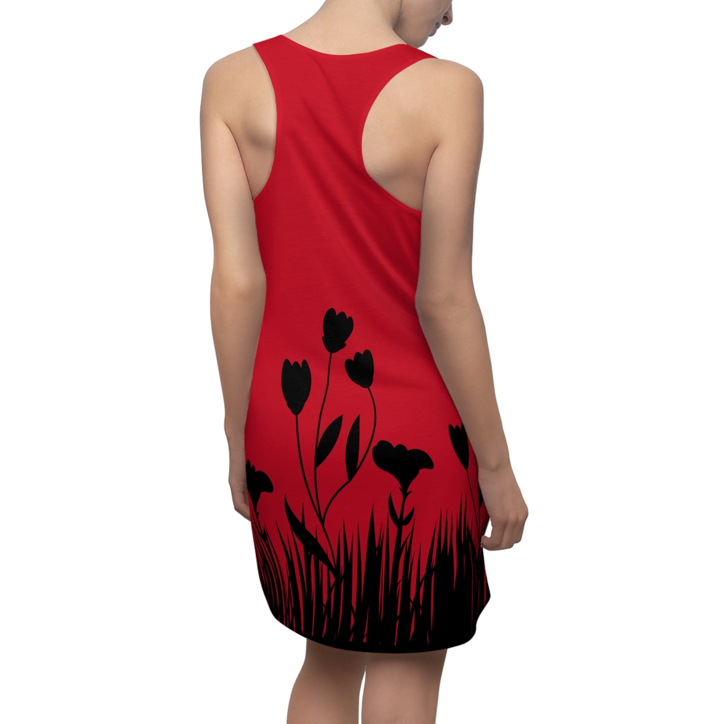 Blumensilhouette Racerback Kleid – Elegant Schwarz Dunkelrot